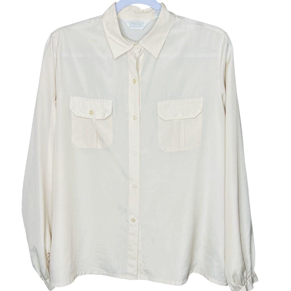 Alicia Vintage Cream Button Down Long Sleeve Utility Blouse Sz 14 Sheer Roll Tab